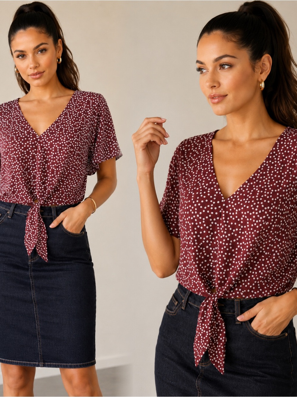 Womens Crop Burgundy Dot Tie-Front V-Neck Top